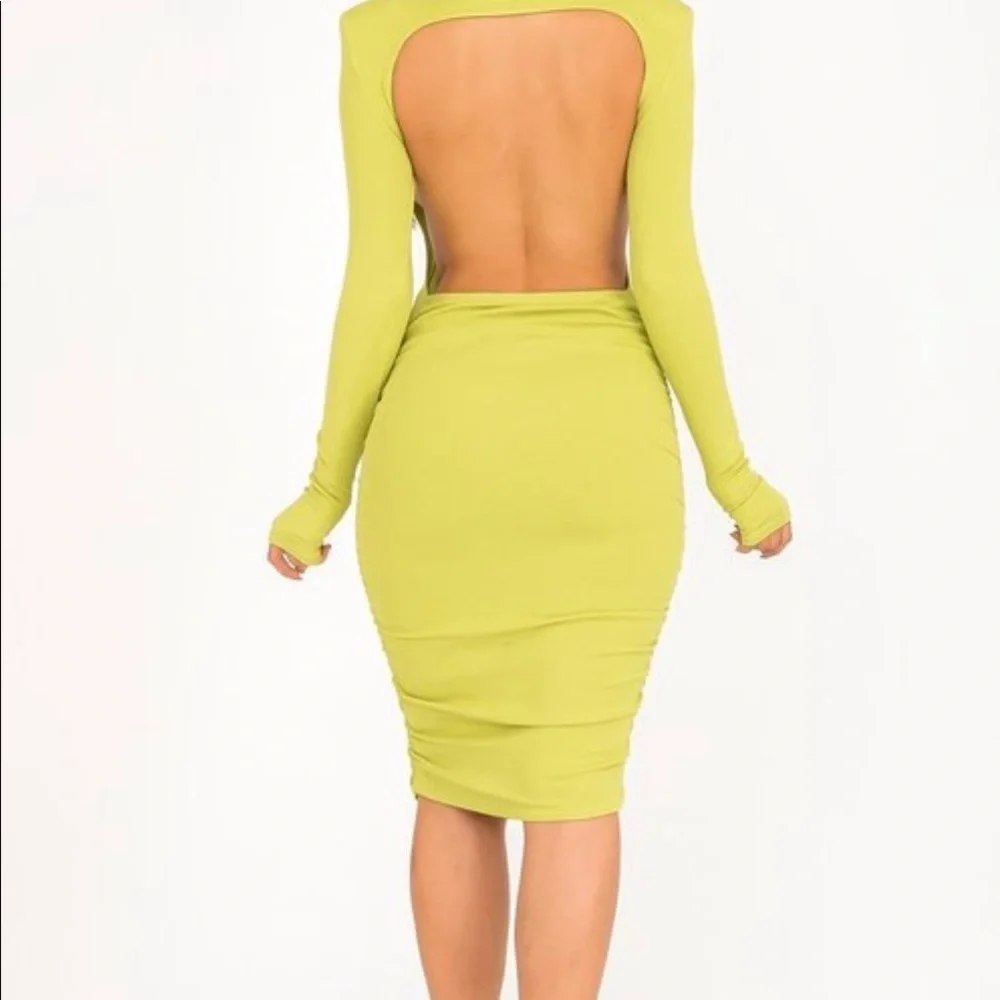 Neon green shoulder pads long sleeve dress - Picture 2 of 2